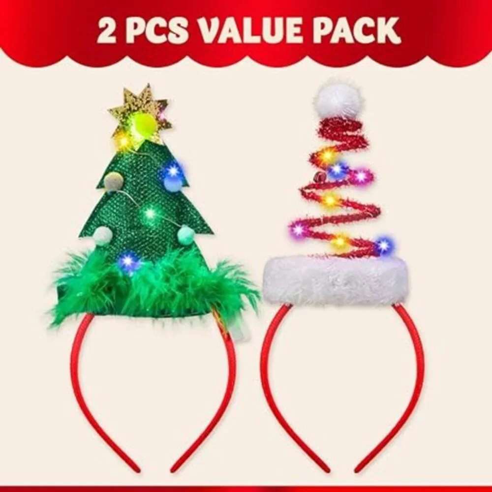 2 Pcs Lighted Christmas Headbands with LED lights‎ in Springy Santa Hat& Christm